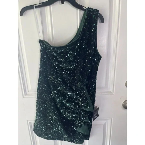 Lulus NWT Endless Luxe Dark Green Sequin Velvet One-Shoulder Mini Dress LARGE - Picture 2 of 13